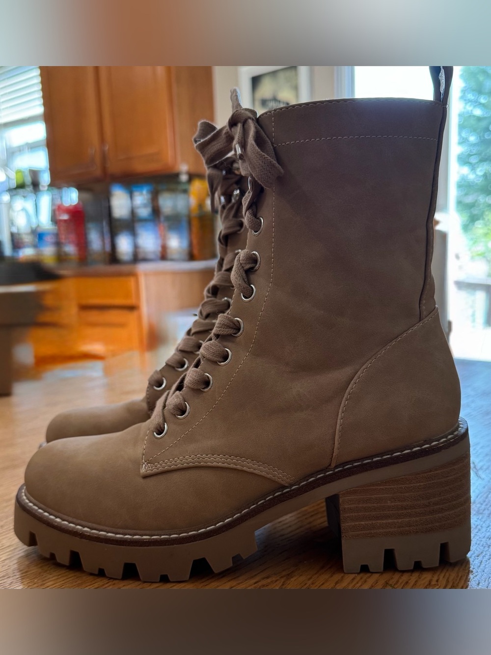 Dolce Vita Taupe Lace-Up Chunky Heel Combat Boots
